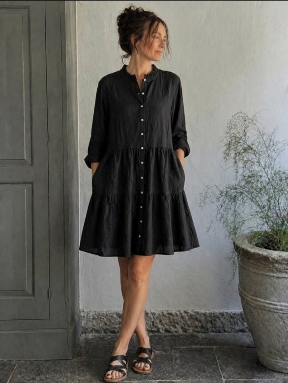 Alice Walk Black Linen Tiered Mini Shirt Dress Button Front Ruffle Collar L NWT